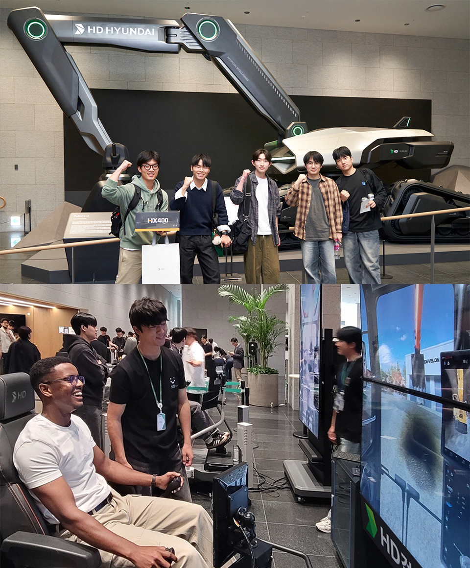 Photo Caption 3: A participant tests an excavator simulator during the '1st HD Future Construction Equipment Challenge' orientation hosted by HD Construction Equipment at the Pangyo GRC on Thursday, the 7th. Photo Caption 4: Students attending the '1st HD Future Construction Equipment Challenge' orientation pose for a commemorative photo in front of a futuristic excavator at the HD HYUNDAI GRC in Pangyo on Thursday, the 7th.