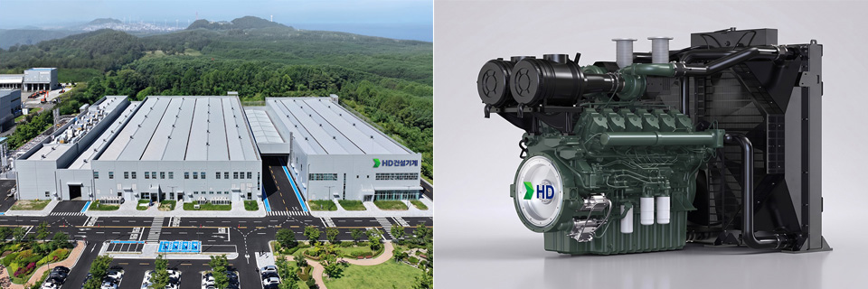 (Left) Panoramic view of HD Construction Equipment’s new engine plant in Gunsan., (Right) The DX37 generator engine, scheduled for mass production at the new Gunsan plant